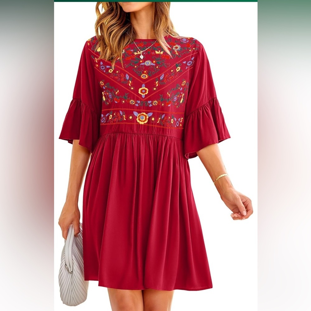 Boho embroidered bell sleeve swing mini dress